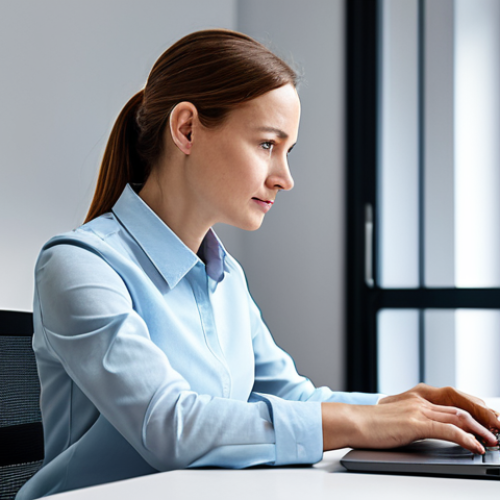 Home 18 A professional adult woman, early 30s, dressed in a modest, smart casual blouse and trousers, seated comfortably at a sleek, modern desk. She is attentively reviewing official digital documents on a laptop displaying a clean, clear interface. Her hands are naturally placed near the keyboard, illustrating ease of interaction with online government services. A smartphone subtly rests on the desk, hinting at secure digital identification. The setting is a brightly lit, minimalist home office with a blurred background showing bookshelves and a window, conveying an atmosphere of efficiency and personal control. This image ensures safe for work, appropriate content, fully clothed, professional dress, perfect anatomy, correct proportions, natural pose, well-formed hands, proper finger count, natural body proportions, high-resolution professional photography.