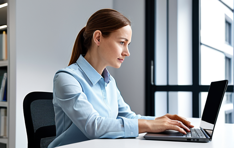 A professional adult woman, early 30s, dressed in a modest, smart casual blouse and trousers, seated comfortably at a sleek, modern desk. She is attentively reviewing official digital documents on a laptop displaying a clean, clear interface. Her hands are naturally placed near the keyboard, illustrating ease of interaction with online government services. A smartphone subtly rests on the desk, hinting at secure digital identification. The setting is a brightly lit, minimalist home office with a blurred background showing bookshelves and a window, conveying an atmosphere of efficiency and personal control. This image ensures safe for work, appropriate content, fully clothed, professional dress, perfect anatomy, correct proportions, natural pose, well-formed hands, proper finger count, natural body proportions, high-resolution professional photography.