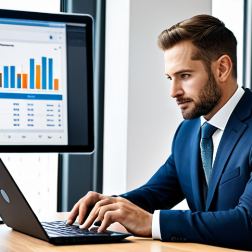 Home 8 A focused male professional in a modest business suit, sitting at a modern desk in a well-lit, contemporary office. He is looking at a laptop screen displaying a clean financial management software interface, with a corporate card and a digital receipt scanner beside him, emphasizing efficient financial tracking and digital organization. Fully clothed, appropriate attire, professional dress, safe for work, appropriate content, family-friendly, perfect anatomy, correct proportions, natural pose, well-formed hands, proper finger count, natural body proportions, professional photography, high quality.