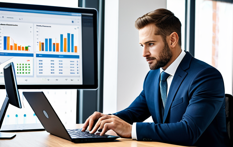 A focused male professional in a modest business suit, sitting at a modern desk in a well-lit, contemporary office. He is looking at a laptop screen displaying a clean financial management software interface, with a corporate card and a digital receipt scanner beside him, emphasizing efficient financial tracking and digital organization. Fully clothed, appropriate attire, professional dress, safe for work, appropriate content, family-friendly, perfect anatomy, correct proportions, natural pose, well-formed hands, proper finger count, natural body proportions, professional photography, high quality.