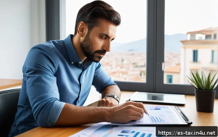 사업소득과 근로소득 차이 - A professional Spanish man in his 30s sitting at a modern home office desk, analyzing financial char...