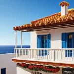 1가구 2주택 세금 규정 - A detailed illustration of a typical Spanish second residence in a coastal town, showing a two-story...