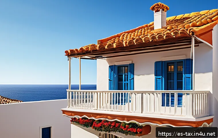 1가구 2주택 세금 규정 - A detailed illustration of a typical Spanish second residence in a coastal town, showing a two-story...