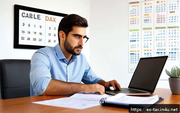 근로소득 간이세액표 - A professional Spanish office worker sitting at a modern desk with a laptop open displaying detailed...