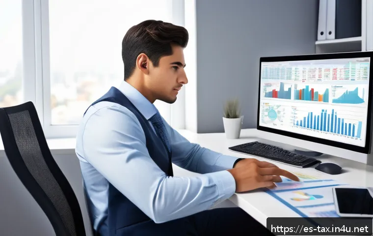 주식 양도세 계산 방법 - A detailed digital illustration showing a young Hispanic investor in a modern home office setting, a...