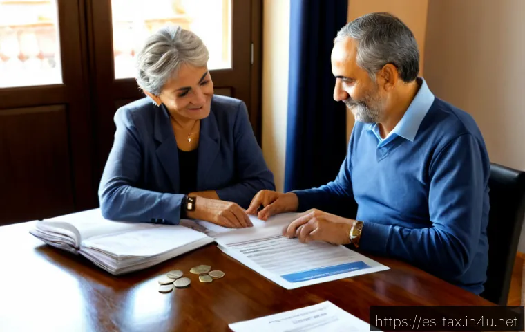 노인 세금 감면 제도 - Photorealistic Spanish senior couple in their bright Madrid apartment meeting a friendly financial a...